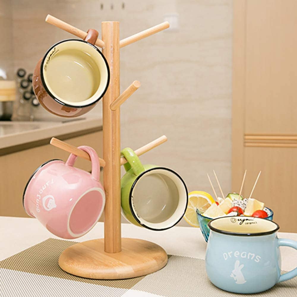 FYBD Bamboo Cup Holder with 6 Hooks, Cup Holder, Countertop Coffee Cup Holder, Coffee Cup Holder