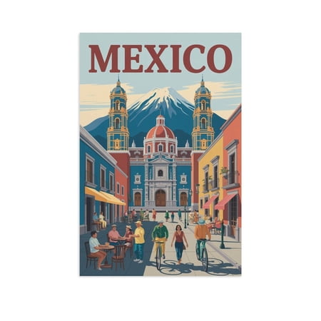 Puebla Vintage City Travel Poster with Traditional Shops, Cathedral And Retro Details Print Poster