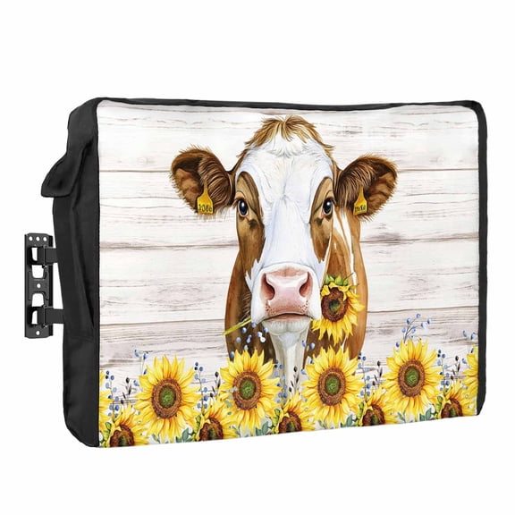 Outdoor TV Cover 40 to 43 Inches, Sunflower Cow Plant Farm Flower White Wood Grain Waterproof and Weatherproof TV Cover with Remote Control Pocket, Flat Screen TV Cover Protector for Outside TV