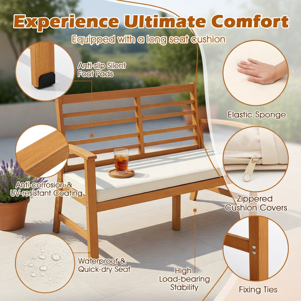 Hommoo 64" Acacia Wood Patio Bench with Off-White Polyester Cushion, Sturdy Outdoor Garden Bench for Backyard, Porch & Deck, Natural