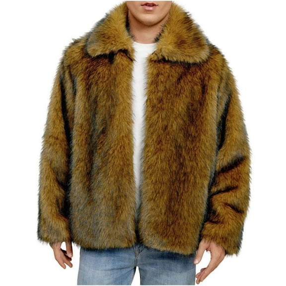 safuny Men's Faux Fur Coat Plush Warm Winter Furry Jacket Fashionable Fake Fur Button Lapel Trendy Coats Brown L