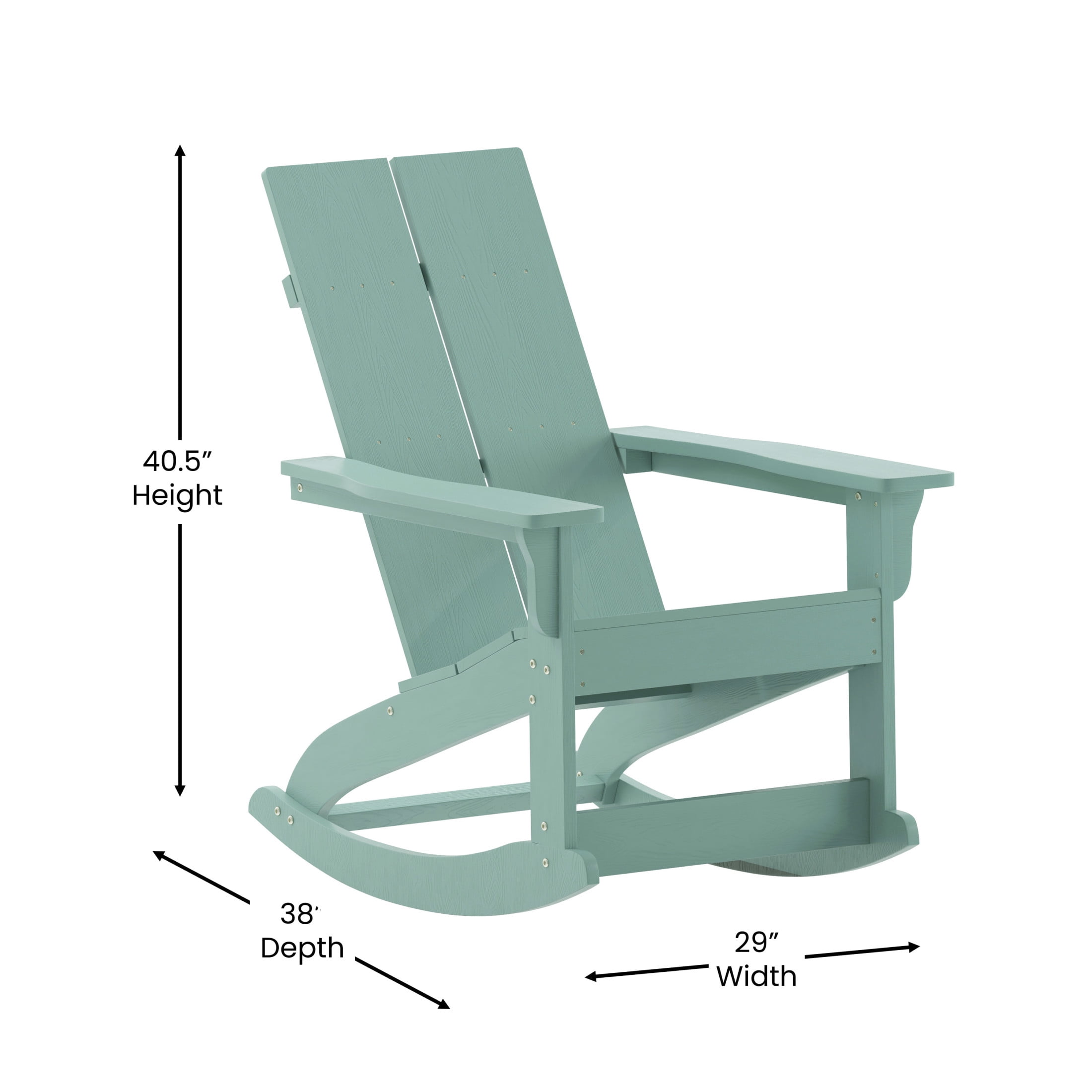 BizChair Modern Commercial Grade Poly Resin Wood Adirondack Rocking Chair - All Weather Sea Foam Polystyrene - Dual Slat Back - Stainless Steel Hardware