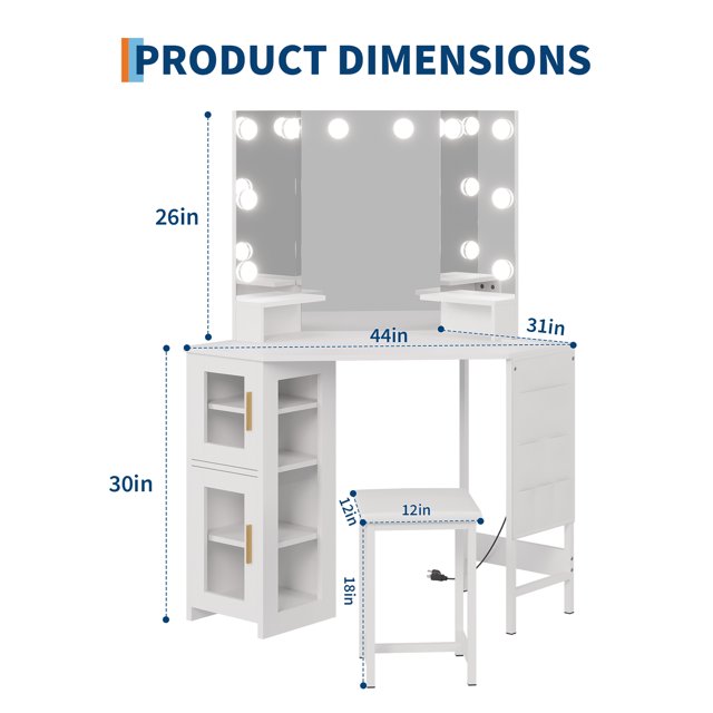 EDTara Corner Vanity Table with LED Mirror, 3-Fold Mirror, Power Station, USB Outlets, and Stool for Bedroom