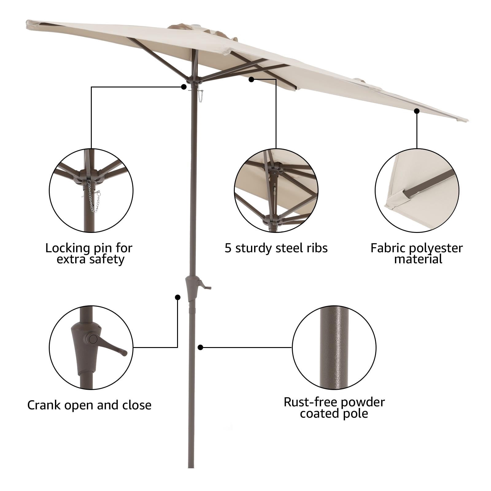 COBANA 75’ Cream White Half Rectangular Patio Umbrella, Waterproof Polyester with Crank System
