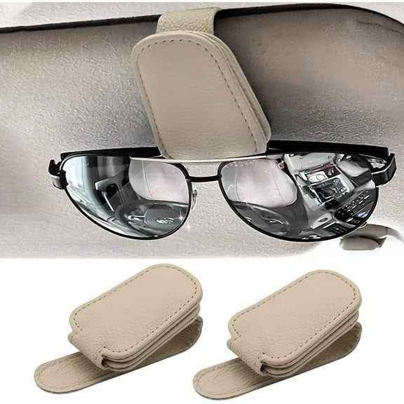 2 Pack Leather Car Visor Sunglass Holder, Magnetic Leather Glasses Eyeglass Hanger Clip for Car, Sunglass Clip Glasses Holder for Car Visor（Beige）