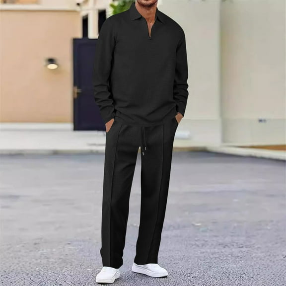 BangWanChi Fashion Casual Mens Fall Winter Suits with Pockets Men's Two-Piece Long Sleeve Turndown Collar Set