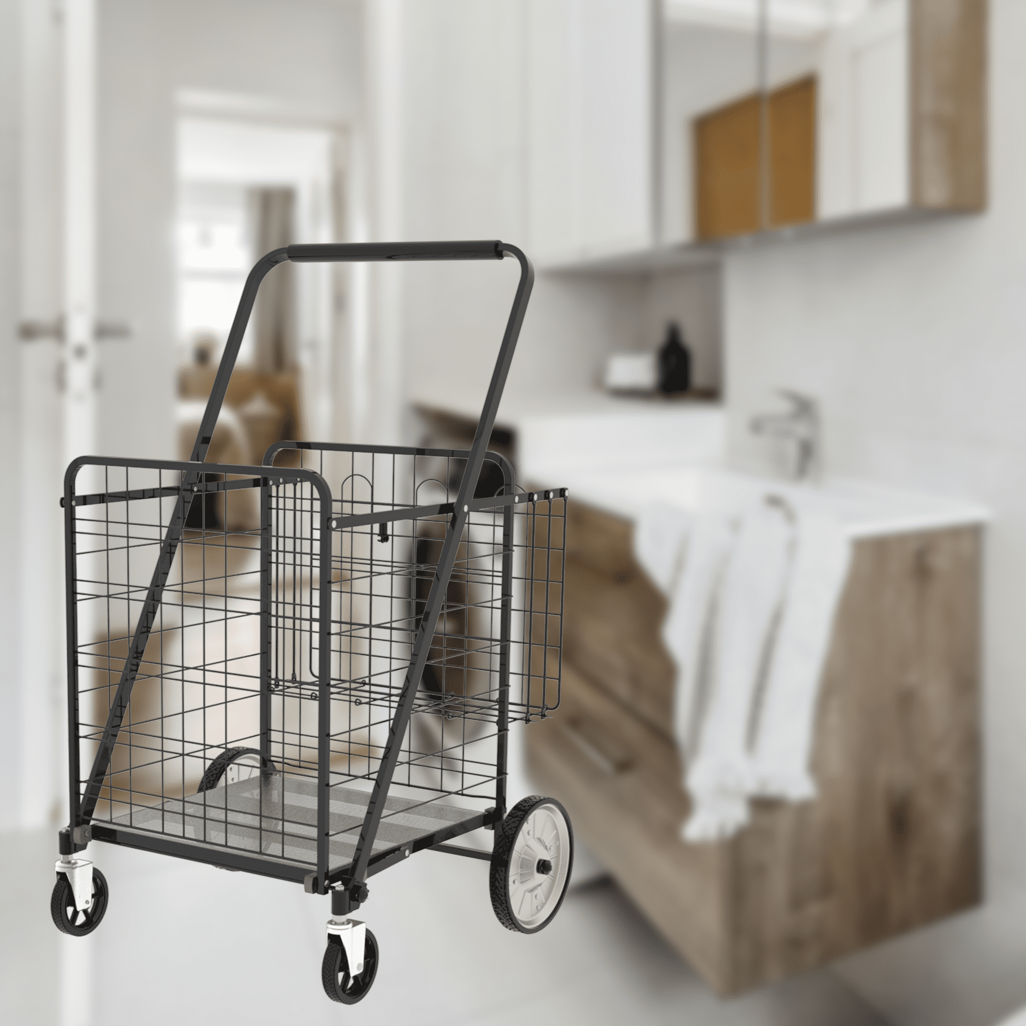 Yoneston Heavy Duty Shopping Cart with Double Basket, Supports up to 375 lbs, Bigger Folding Grocery Cart with Waterproof Oxford Cloth Lining for Shopping, Grocery, Outdoor, Black