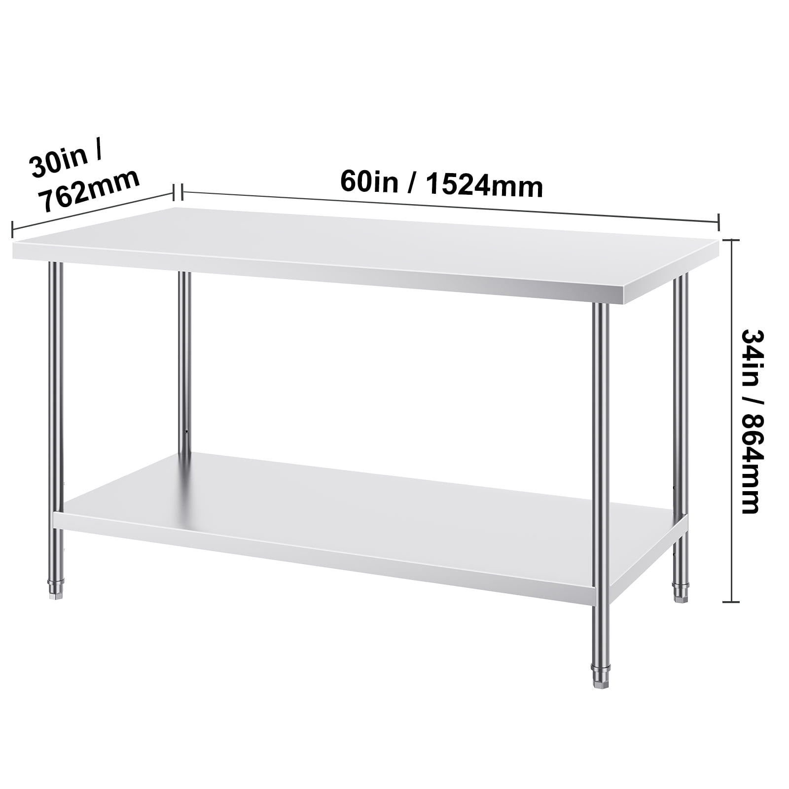 KFFKFF Metal Prep Station, 30x60x34 in, Supports up to 910 lbs, Durable Stainless Steel Table with 3 Height Settings, Ideal for Kitchen, Garage, or Commercial Use