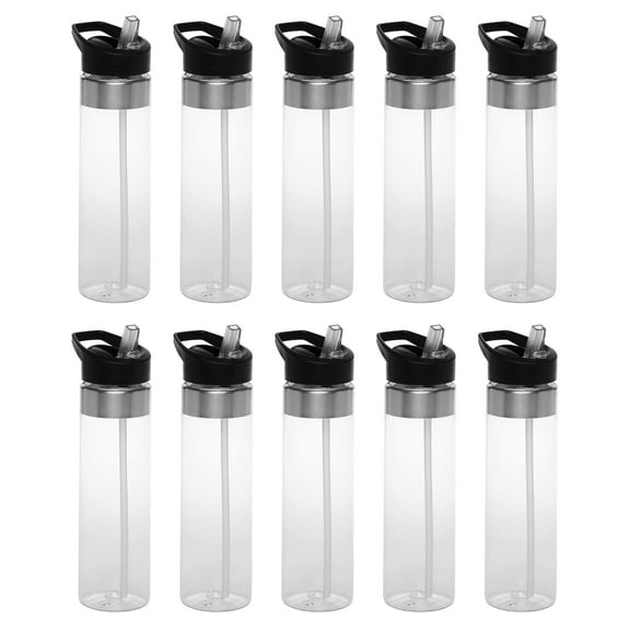 Plastic Water Bottle 24 oz with Inside Straw - BPA Free, Screw-On Cap, Flip Top Nozzle Mechanism - Slim Translucent Body - Eastman Tritan Copolyester - Clear - 10 Pack