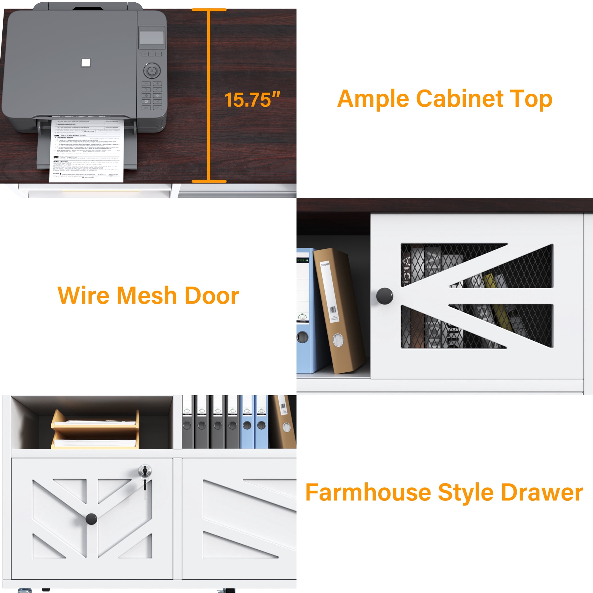 File Cabinet with 2 Lockable Drawers, ETASE Farmhouse Filing Cabinet with Sliding Door and Storage Shelf, Print Stand for A4/Letter, Storage Cabinet for Home Office, White