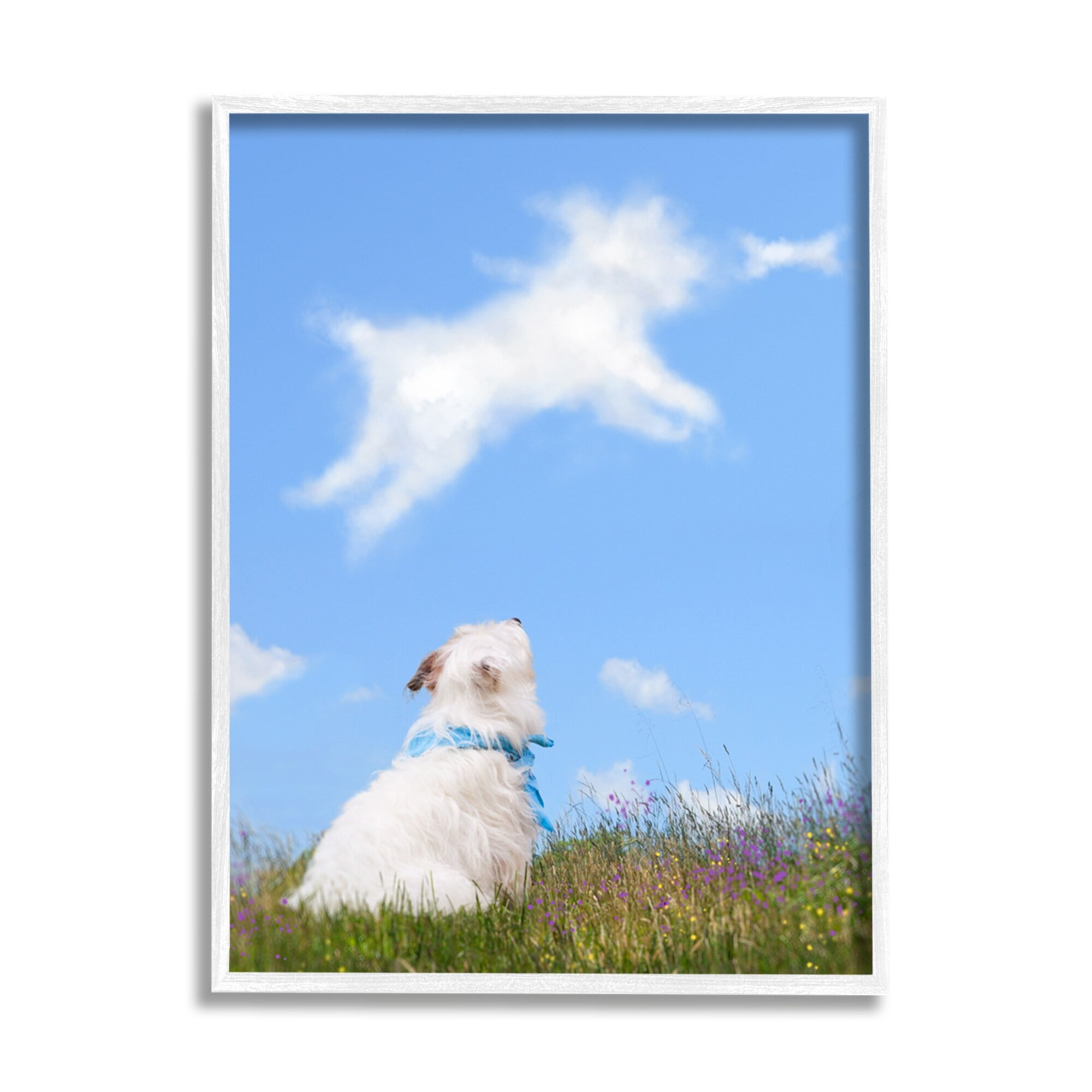 Stupell Industries White Dog Watching Shaped Clouds Chasing Bone Graphic Art White Framed Art Print Wall Art, Design by Michael Quackenbush