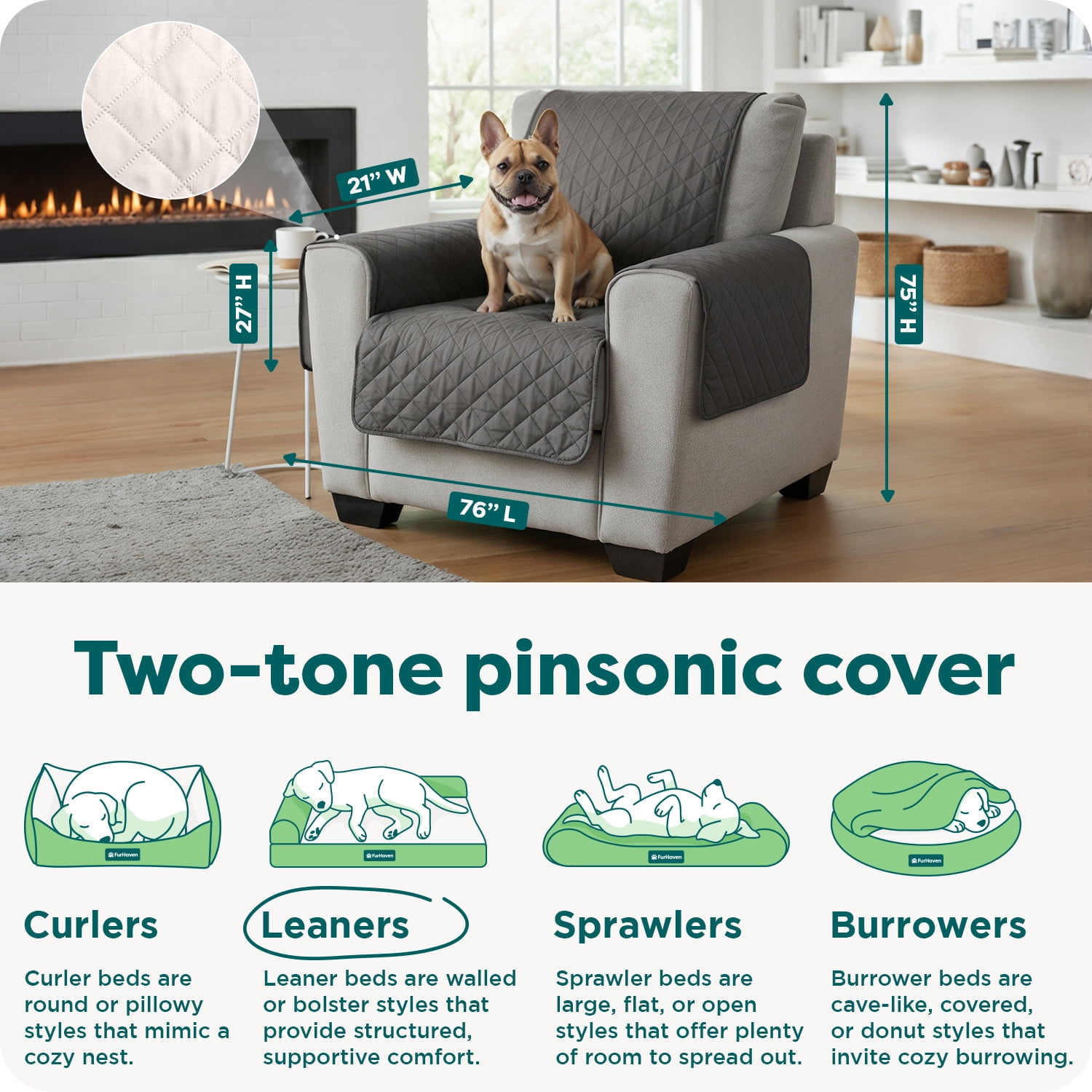 Furhaven Water-Resistant & Reversible Chair Cover Protector for Dogs, Cats, & Children - Two-Tone Pinsonic Quilted Living Room Furniture Cover - Gray/Mist, Chair