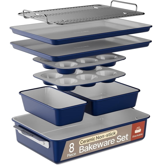 BAKKEN 8-Piece Stackable Bakeware Set, Ceramic Nonstick Oven-Safe Baking Sheets and Pans with Cooling Rack, Ergonomic Handles
