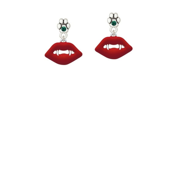 Red Enamel Vampire Lips - Green Crystal Paw Earrings