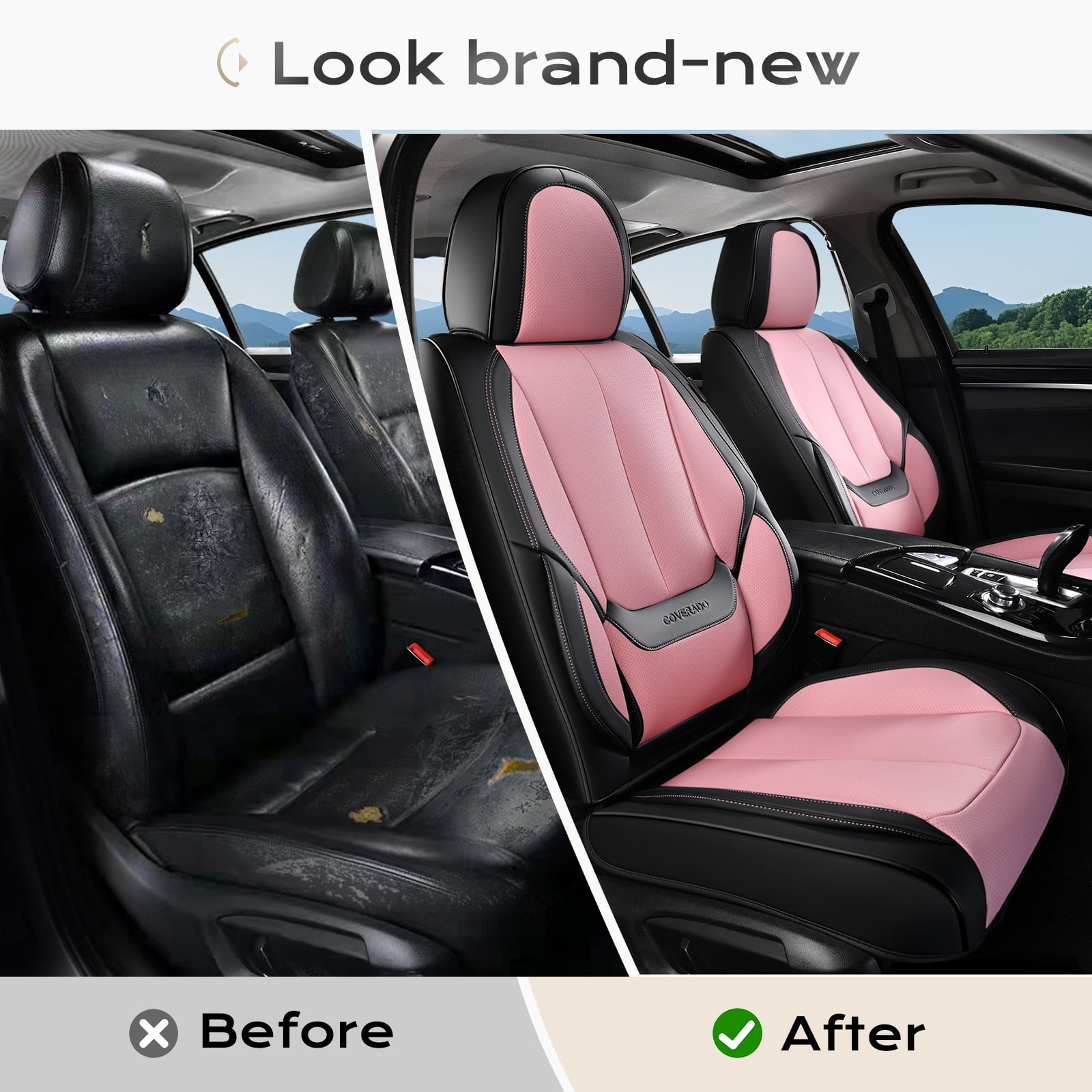 Coverado Black&Pink Car Seat Covers Full Set, Waterproof Premium Leather Front and Back Seat Protectors, Luxury Auto Interior Accessories, Universal Fit Most Cars Sedan SUVs Pick-up Trucks
