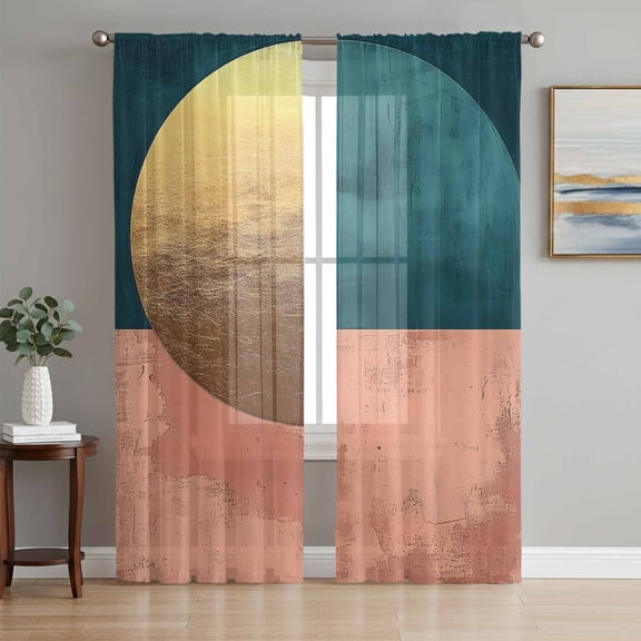 Boho Sheer Curtains 84 Inch Length 2 Panels Set, Modern Abstract Gold Teal Geometric Art Voile Window Treatment Rod Pocket Curtains Sheers Drapes for Bedroom/Living Room/Kitchen 52"x84"x2