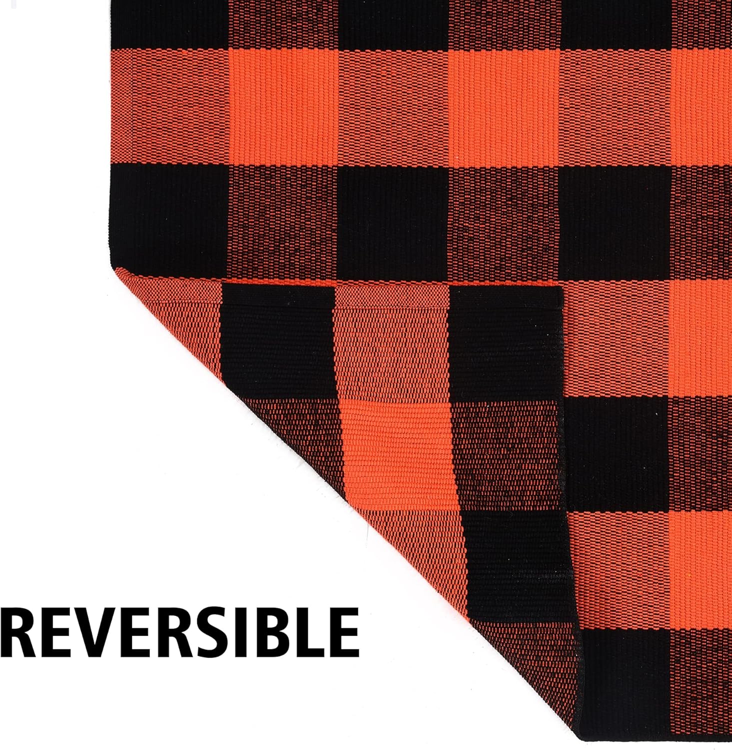 OMA Fall Plaid Rug 28" x 43", Orange and Black Buffalo Check Front Porch Outdoor Layered Doormat, Cotton Hand-Woven Washable Rug for Halloween Thanksgiving Autumn Decor