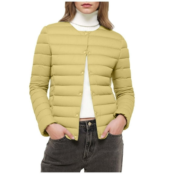 Womens Lightweight Puffer Jackets Fashion Collarless Button down Jacket Loose Winter Warm Down Coats (XXS, Yellow)
