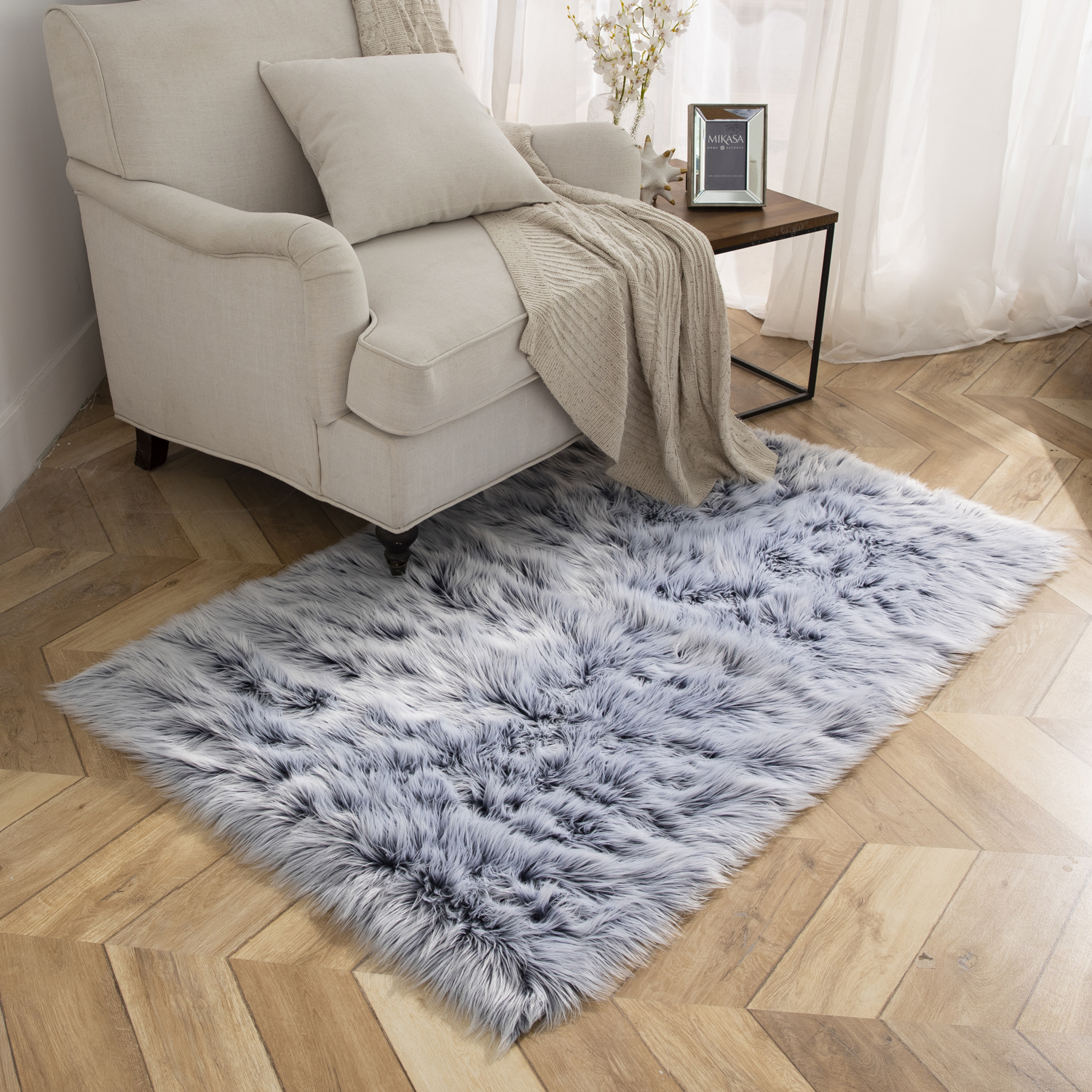 Deluxe Ultra Soft Faux Sheepskin Fur Series Fluffy Decorative Indoor Shag Area Rug, 3 x 5 Feet Rectangle, Navy and White, 1 Pack