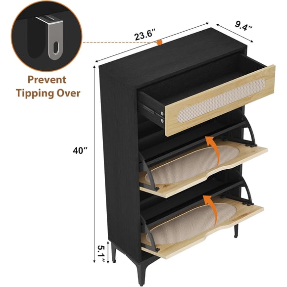 Bingirl Rattan Shoe Cabinet: 2 Drop-Down Drawers, 1 Pull-Out Drawer, 3 Adjustable Shelves. Narrow Closet for Entryway/Porch. Black