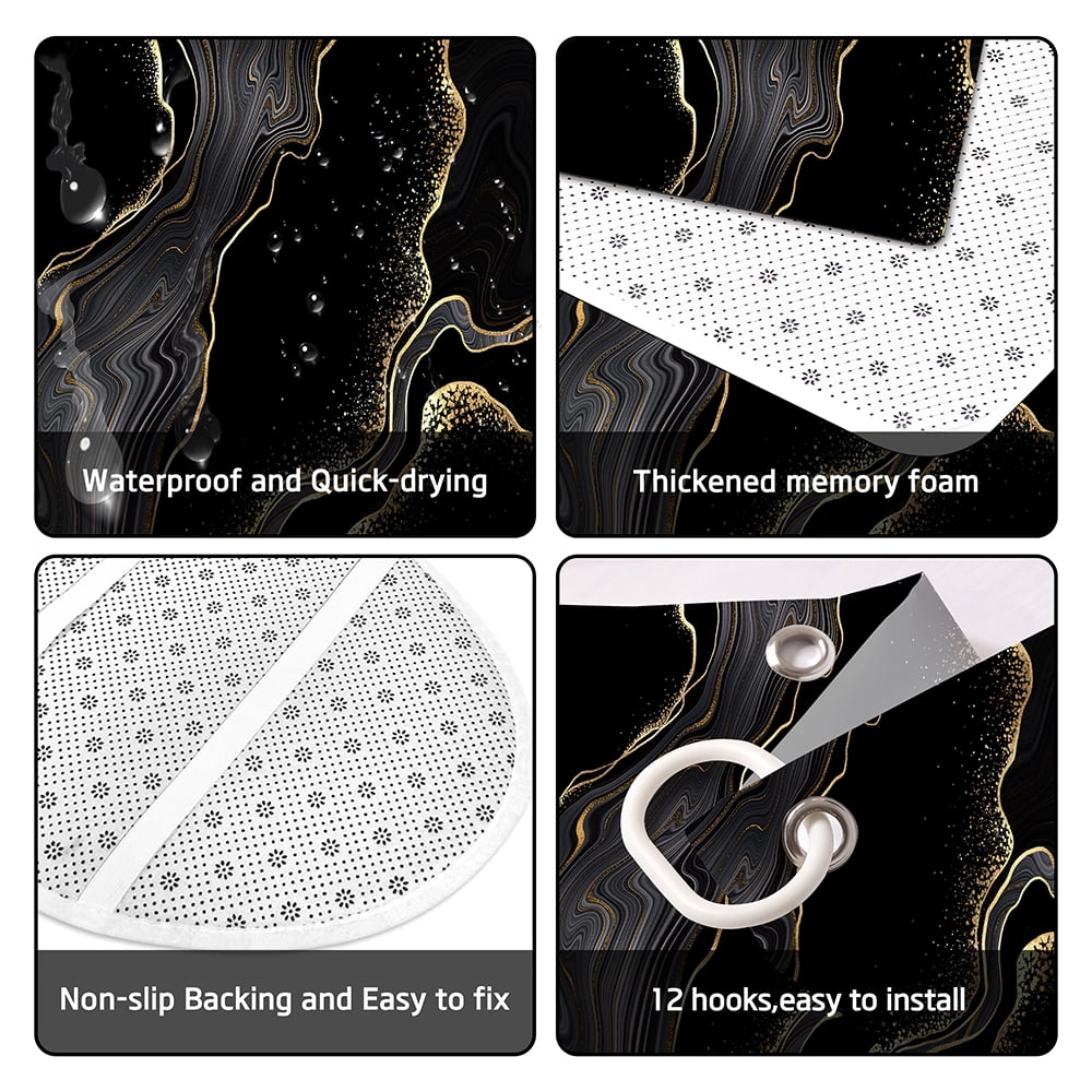 4pcs Black and Gold Marble Shower Curtain Set with Hooks for Bathroom