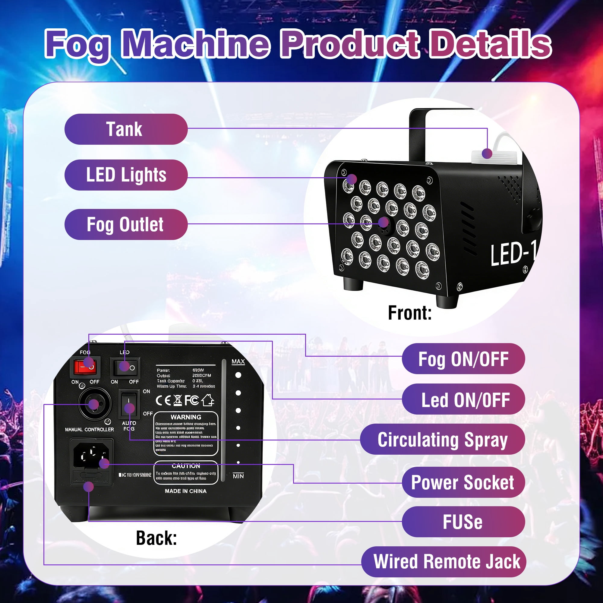 INSMART Fog Machine, 600W 2000CFM Smoke Machine with 24 RGB LED Lights, Wireless Remote Control, Perfect for Halloween Wedding Concert Bar Party