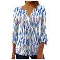 thumbnail image 3 of QATAINLAV 3/4 Length Sleeve Womens Tops Casual Button Up V Neck Tunic Shirts Fashion Leaf Print Ruched Flowy Blouses 2025 Vacation Beach Outfits Blue L Weekly Sales, 3 of 6