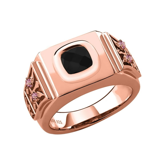 Gem Stone King 2.14 Ct Cushion Checkerboard Black Onyx Pink Lab Grown Diamond 18K Rose Gold Plated Silver Men's Ring (Size 8)