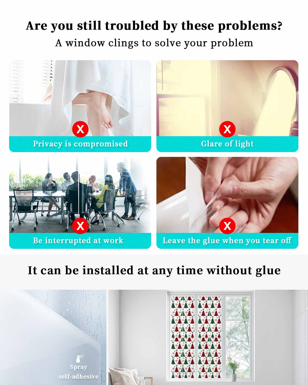 Christmas Window Privacy Film Stained Glass Window Film Decorative Windows Cover Static Windows Cling for Glass Winter Red Green Xmas Buffalo Plaid Tree Snowflake Stickers for Bathroom 29.5"x118"