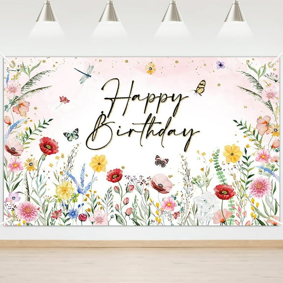 Mocsicka Wildflower Birthday Banner Floral Happy Birthday Backdrop for Birthday Party Decorations 6x3.6 ft