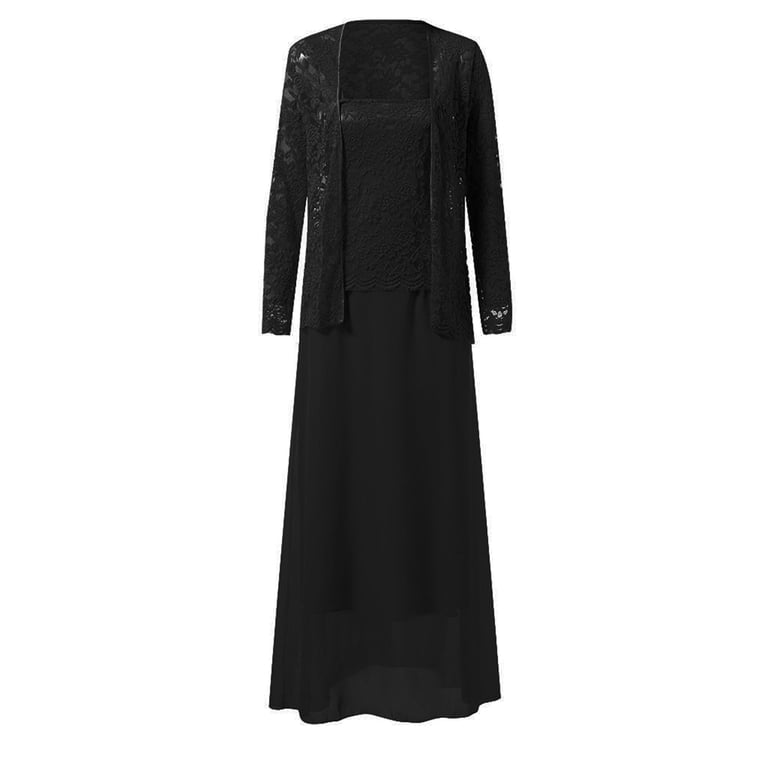 Herrnalise Women's Solid Color Cardigan Chiffon Lace 2 Piece Dress S-5XL