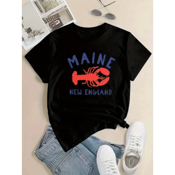 Trendy Maine New England Lobster Graphic T-Shirt for Women, Casual Short Sleeve Summer Beach Vacation Tee Top