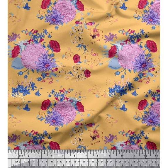 Soimoi Cotton Duck Fabric Leaves,Aster & Begonia Floral Print Sewing Fabric Yard 56 Inch Wide