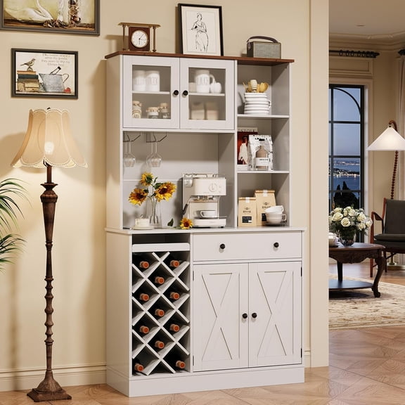 70" Tall Coffee Bar Cabinet with Power Outlet, Barn Doors, Wine Rack & Storage, Sideboard Buffet Cabinet for Kitchen & Dining Room, White