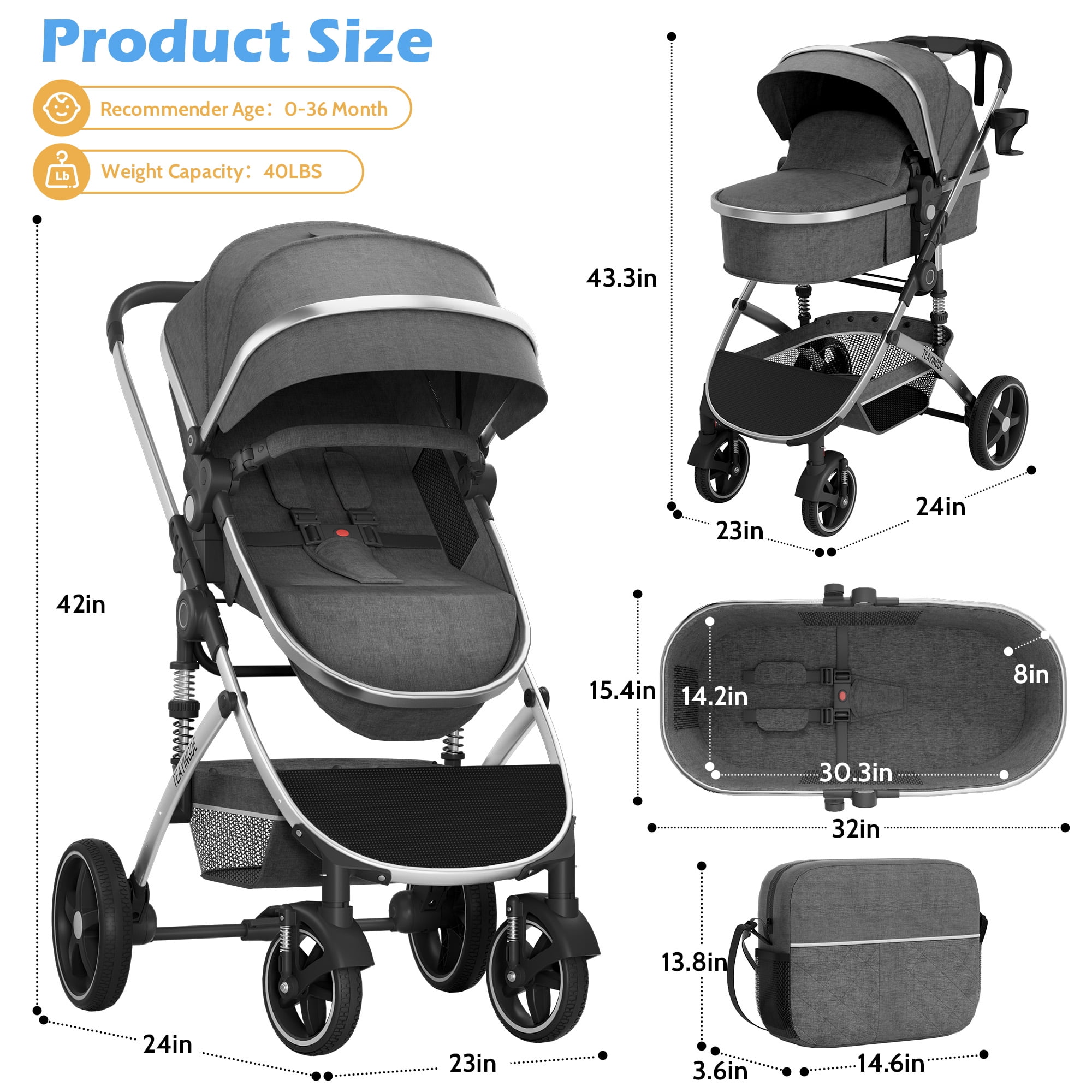 babyeap 2 in 1 Baby Stroller,Foldable Lightweight Carriage Reversible Bassinet Pram for Toddler,Travel Stroller with with Cup Holder、Storage Bag,Gray
