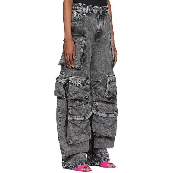 Classic 2026 Street Trend New Fashion Smoke Gray Patchwork Multi-Pocket Cargo Pants Street Washed Vintage Long Wide-Leg Blue Jeans