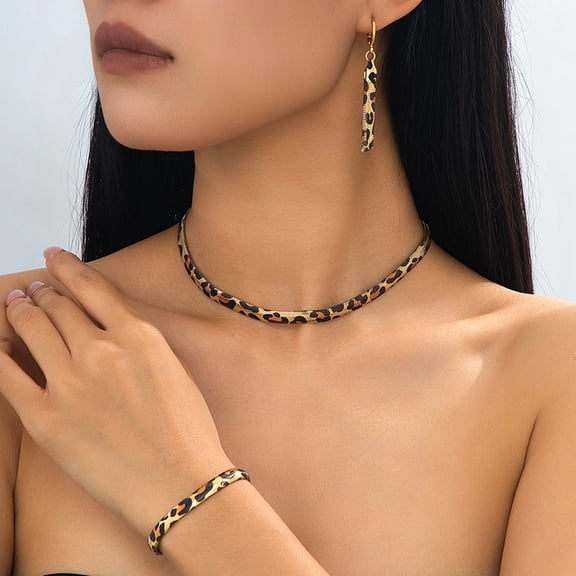 KKLDOGS Leopard Print Herringbone Chain Jewelry Set, 3Pcs Choker Necklace Drop Earrings Bangle Bracelet, Wild Bold Fashion Jewelry Set for Women