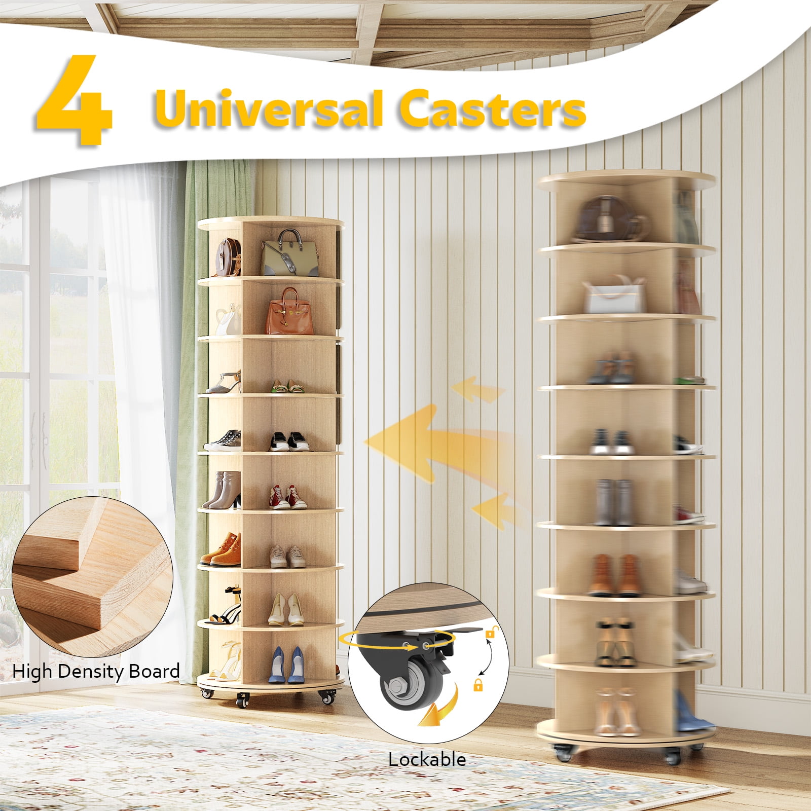 YODOLLA 8 Tier Rotating Shoe Rack with 4 Universal Casters, 360° Spinning Shoe Display Lazy Susan in Natural (23.6’’×23.6’’×74’’)