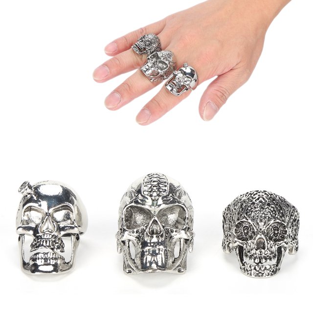 Sonew Skulls Ring Set,Silver Skulls Ring,3pcs Skulls Rings Alloy Fashionable Ring Set Vintage Silver Cosplay Skull Rings For Men