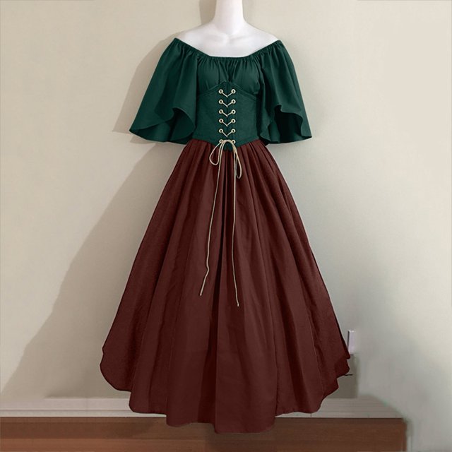 Vestido medieval retro de color contrastante ajustado, vestido grande con mangas voladoras y hombros descubiertos, vestido de cosplay