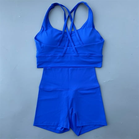 Yoga Shorts Set Gym Sports Set 2 Piece Women Workout Outfit Fitness Suit Cross Straps Bra High Waist Shorts Running Tracksuit