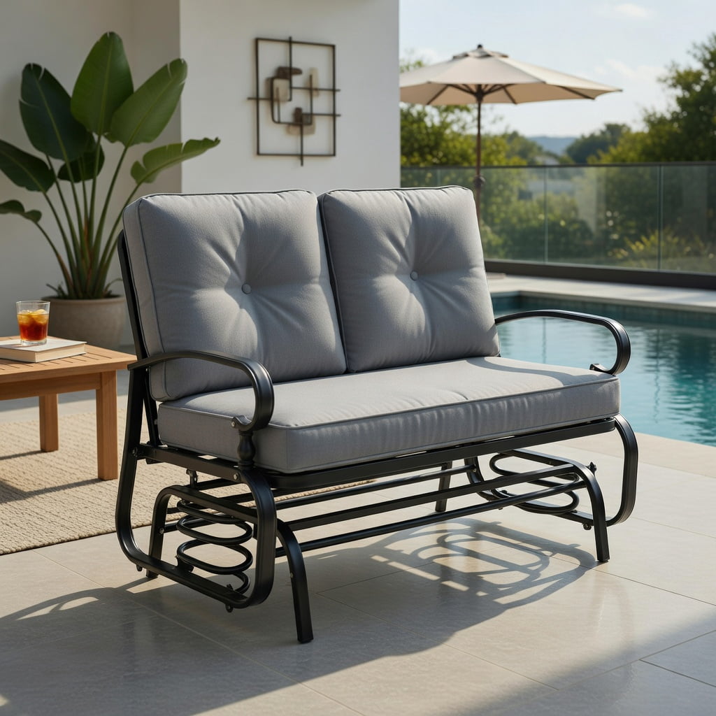 Hommoo 2-Person Outdoor Swing Glider Bench with Plush Olefin Cushions, Rust-Resistant Steel Frame, for Patio, Porch & Backyard Loveseat, Gray
