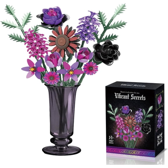 Honchoes Purple Artificial Flowers Building Set Compatible with Lego Botanical Home Decor for Adults 614Pcs