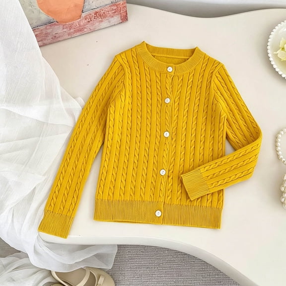 Kids Cable Knit Cardigan, Long Sleeve Button Down Sweater, Soft Solid Color Casual Knitwear For Boys & Girls Yellow 1-2Years