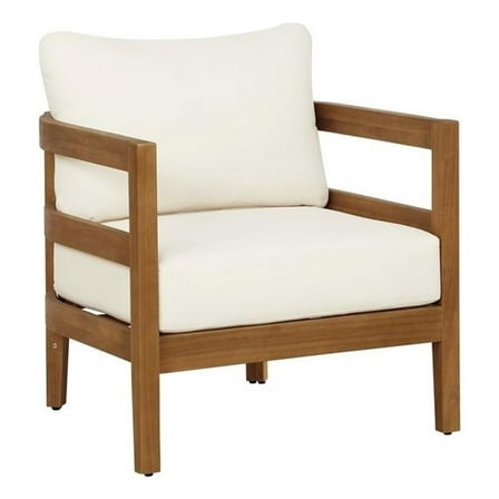 Pemberly Row Acacia Wood Club Chair Slat Back Beige Cushions in Brown Oil Finish