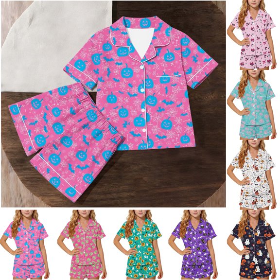 JOANKDMI 2 Piece Girls Pajamas Set Halloween Pumpkin Bat Graphic Print Short Sleeve Button Down Sleepwear Breathable Soft Cotton Loungewear PJs for Toddler & Kids, 5Y-14Y