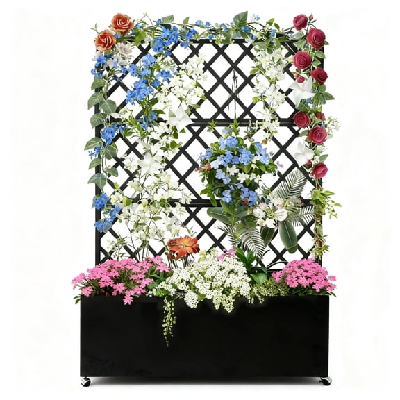 Riedhoff Metal Planter Boxes with Trellis, 46.06 x 15.75 x 70.87", Lockable Casters, Drainage Holes, Black