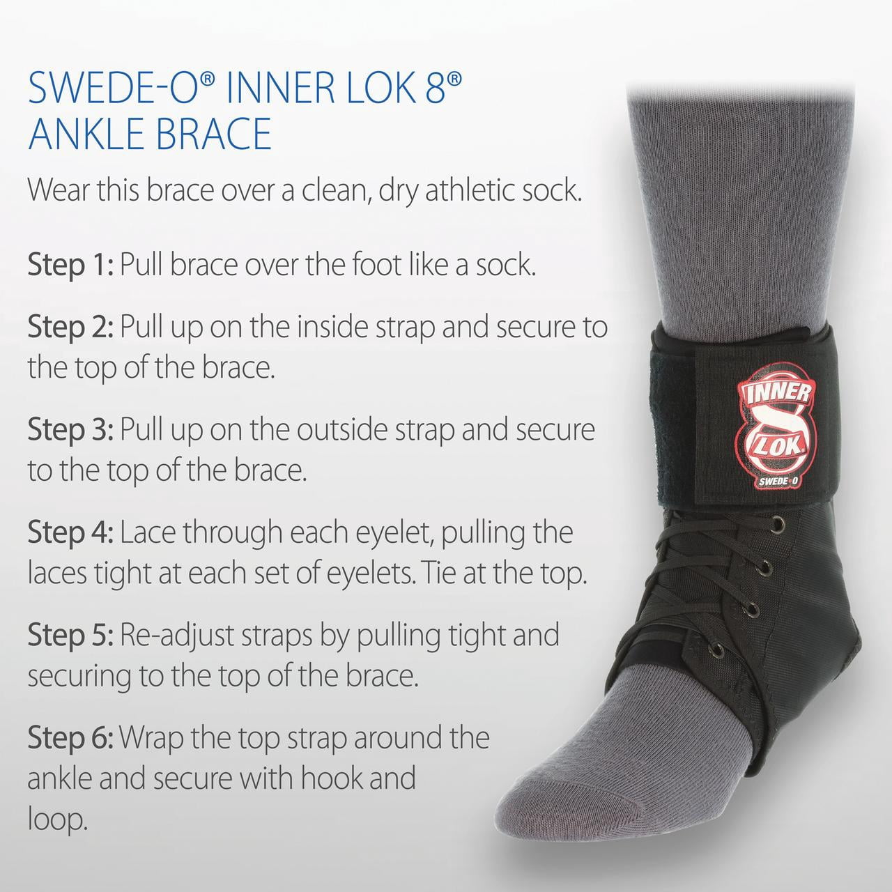 Swede-O Inner Lok 8 Laced Ankle Brace, Ballistic Nylon with Quick Release Strap, Black, Medium