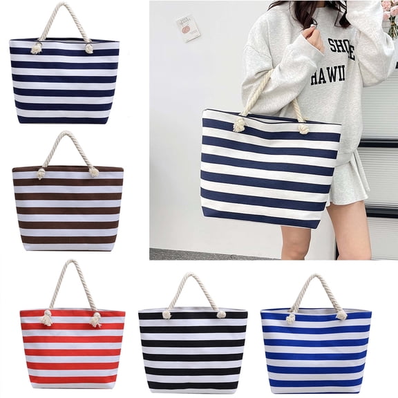 GASTROPOD Large Canvas Beach Bag – Brown and White Striped Boho Tote with Zipper & Rope Handles,Sandproof Spacious Pool & Swim Bag,Travel Essentials for Vacation Or Cruise