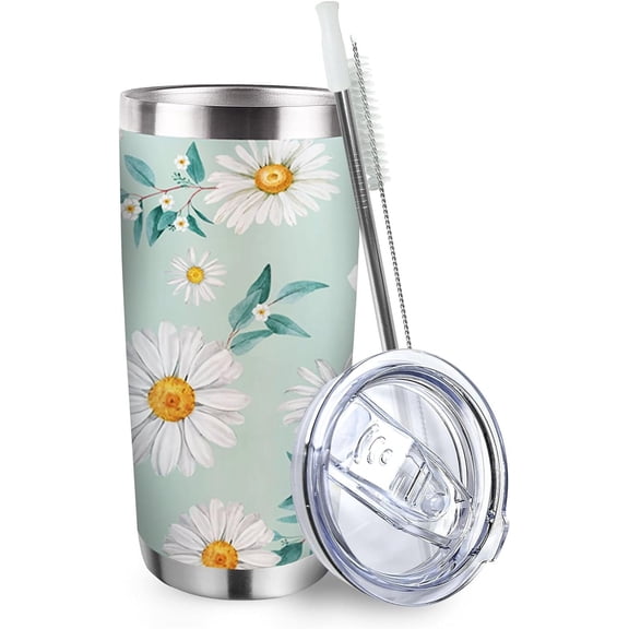 Daisy Flowers Tumbler with Lid and Straw, Floral Stainless Steel Travel Coffee Cup, Birthday Mug Gifts for Women Daisy Lovers, 20oz Double Wall Vacuum Insulated Tumbler